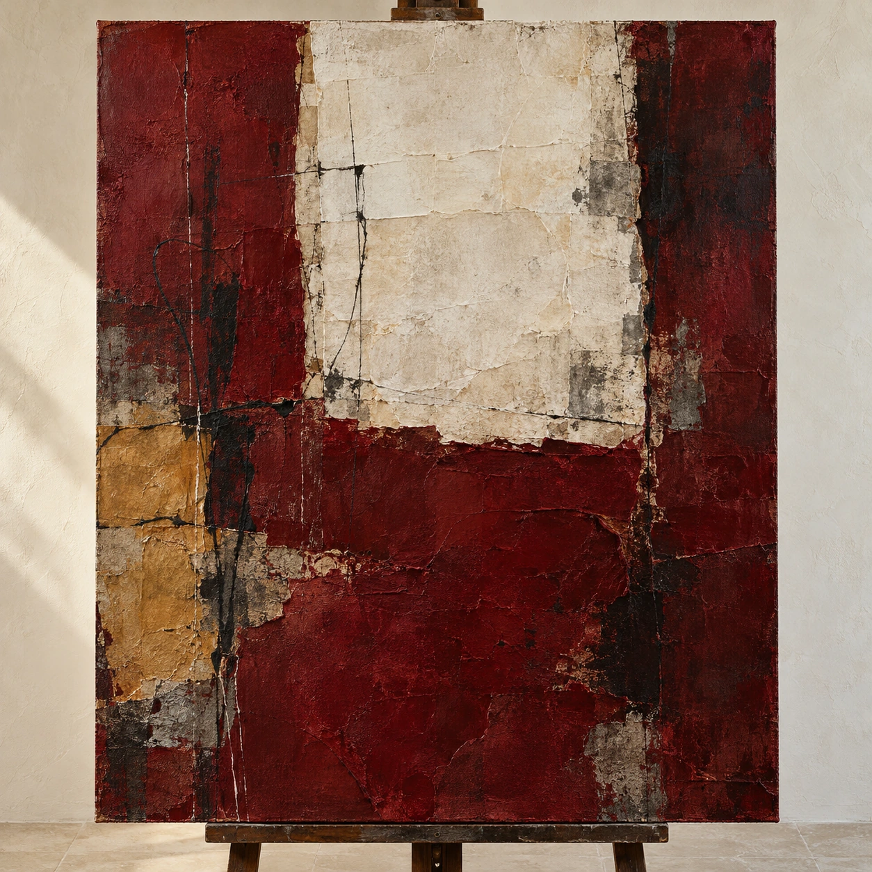 Museum — a mixed-media canvas in burgundy, parchment and ochre, on a studio easel